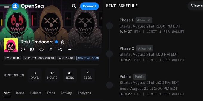 The image shows an OpenSea page for "Rekt Tradoors" (By OSF) with a minting countdown of 3 days, 18 hours, 41 minutes, and 2 seconds, displaying a schedule with two allowlist phases and a public phase all priced at 0.0427 ETH with a limit of 1 per wallet, starting August 21 at 12:00 PM EDT on Robinhood Chain.

This matches the post by confirming the Rekt Tradoors collaboration mint details, including the .0427 ETH price, two allowlist phases, and the August 21st date on Robinhood Chain.