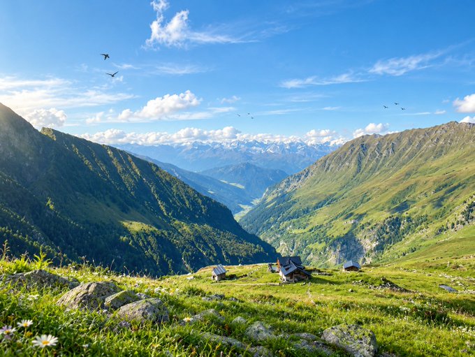 A scenic mountain valley with green slopes, small buildings, and birds flying under a blue sky with scattered clouds.