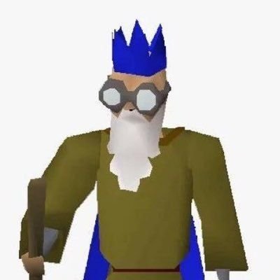 A low-polygon 3D model of a wizard character with a blue spiky hat, white beard, round glasses, and an olive-green robe holding a staff.