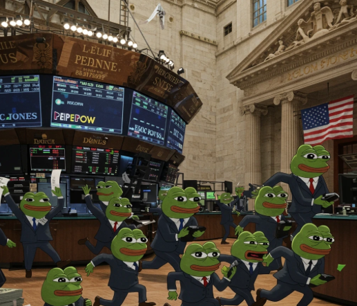 The image features a cartoon depiction of a group of cartoon frogs, dressed up like businessmen, running around inside a market with financial market information screens above them. They are shown wearing suits as they appear to be participating in trading activities or attending meetings related to the markets. This artwork may serve to represent the idea that these virtual frogs are engaging in real-world financial transactions and managing their investments or portfolios while considering the fluctuations of currency exchange rates, such as the Euro against the Bitcoin, as seen on the screens above them.