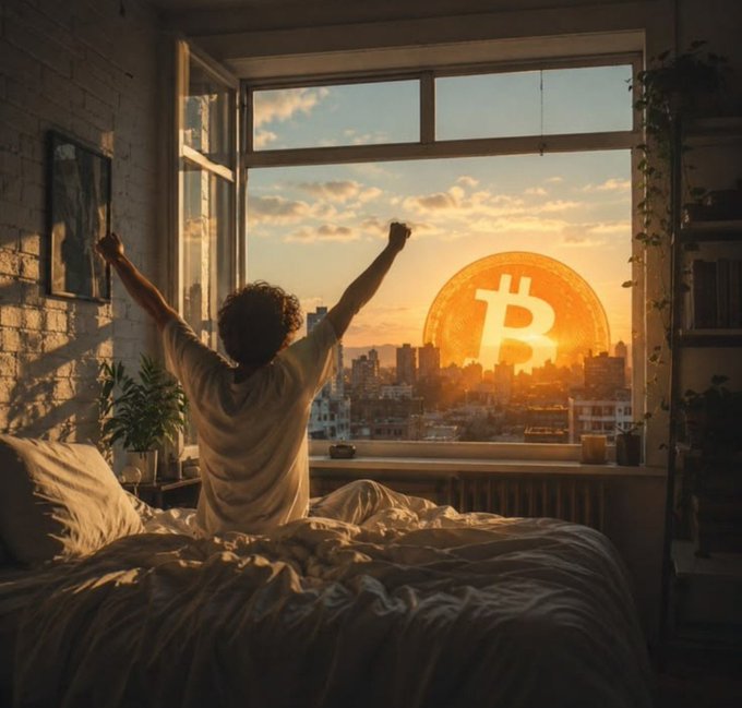 A person sits up in bed stretching their arms triumphantly toward a sunrise, with a glowing Bitcoin symbol rising over the city skyline through the window. The image captures the "grind" mentality of a crypto trader gearing up for another bullish market day.