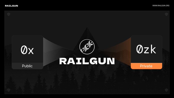 The image is a promotional graphic for RAILGUN (railgun.org), depicting a visual transition from "0x Public" addresses to "0zk Private" addresses, illustrating how RAILGUN encrypts on-chain activity on Ethereum while preserving access to its liquidity and dApps.