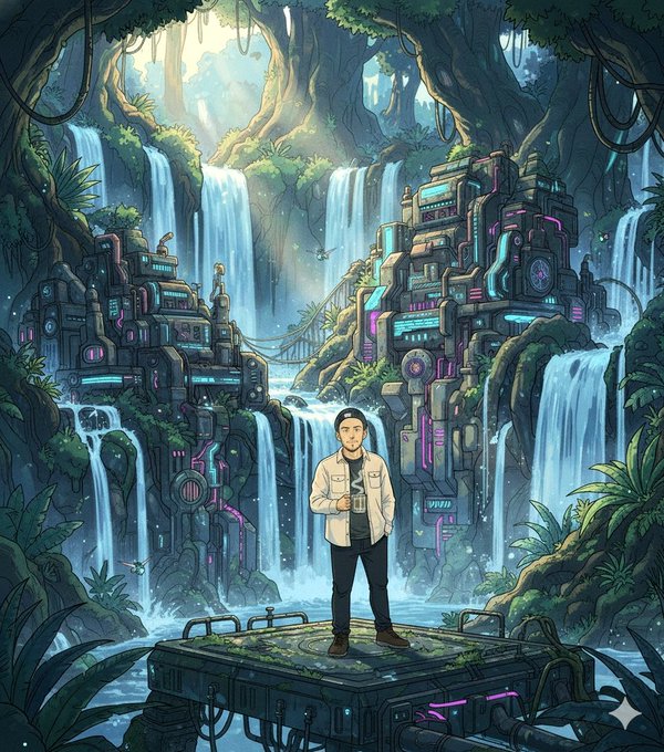 An illustrated scene shows a man in a cap and jacket holding a drink while standing on a platform in front of an elaborate, futuristic city with waterfalls and glowing neon accents.