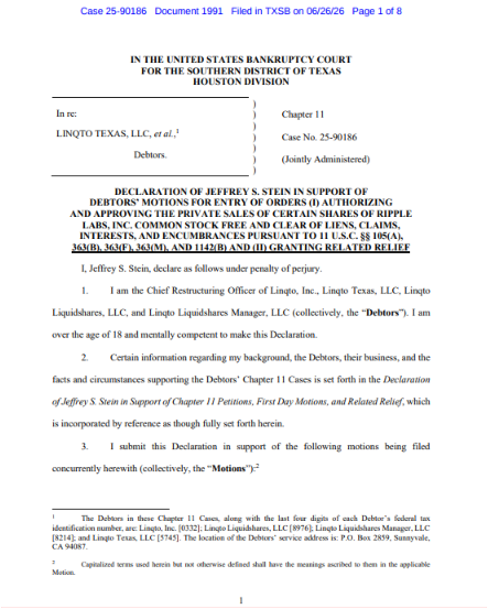 This image shows the first page of a court filing (Case 25-90186) from the U.S. Bankruptcy Court for the Southern District of Texas regarding Linqto Texas, LLC's Chapter 11 proceedings, specifically a Declaration by Jeffrey S. Stein in support of motions to sell Ripple Labs, Inc. common stock and clear liens and claims. The filing supports the accompanying post about the court-approved sale of approximately $130M in Ripple private shares to institutional buyers like Galaxy Digital, Arrington Capital, Private Shares Fund, and GAM Alternatives, with Ripple having waived its right of first refusal.