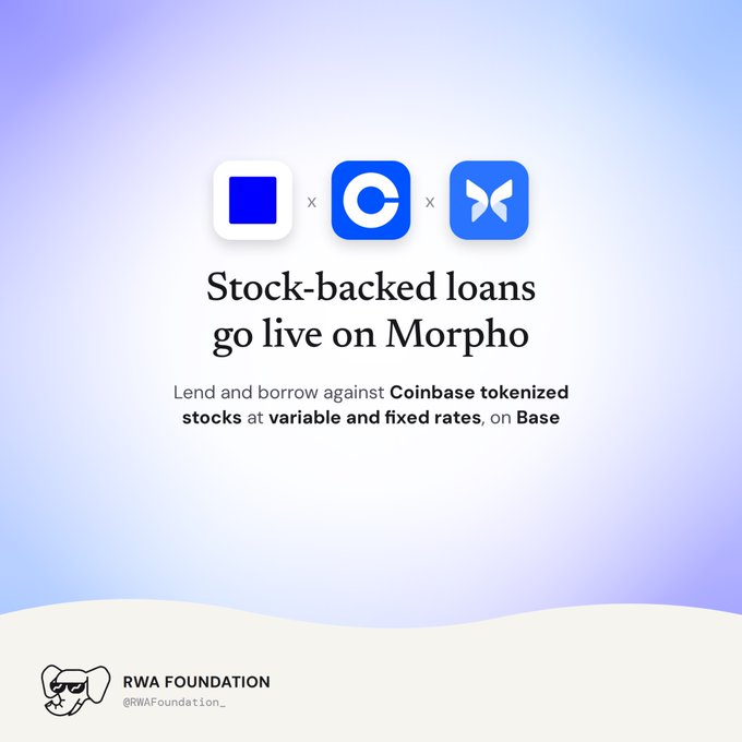 A promotional graphic from "RWA Foundation @RWAFoundation_" announcing "Stock-backed loans go live on Morpho" for lending and borrowing against Coinbase tokenized stocks on Base.
