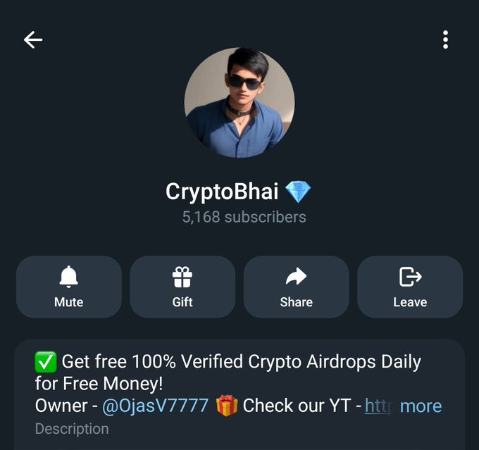 A Telegram channel profile for "CryptoBhai" with 5,168 subscribers, featuring a profile picture of a man in sunglasses, and a description promising free crypto airdrops via owner @OjasV7777.