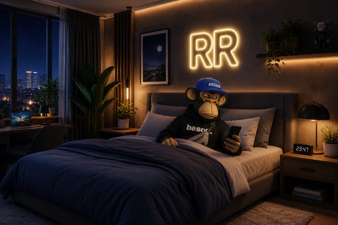 A Bored Ape-style monkey wearing a blue cap and black hoodie sits in bed in a modern bedroom with a neon 'RR' sign, looking at a phone.