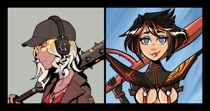A side-by-side comparison of two animated female characters, one with a baseball cap and headphones, the other with red and black hair.