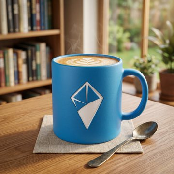 A blue coffee mug with a geometric logo sits on a wooden table next to a spoon, with steam rising from the latte inside. The image symbolizes the warm, cozy moment of fueling AI development over a cup of coffee, representing how AINFT provides the essential infrastructure to power AI on the TRON network.