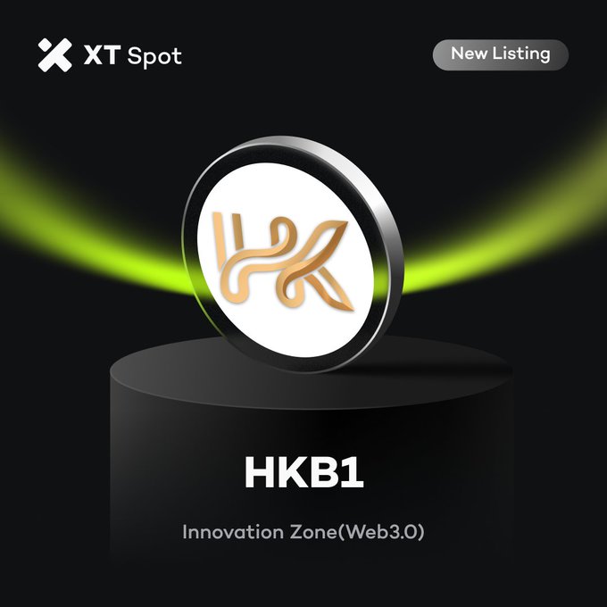 An XT Spot promotional graphic announcing a new listing for 'HKB1' in the 'Innovation Zone(Web3.0)' with a circular token emblem displayed on a pedestal.