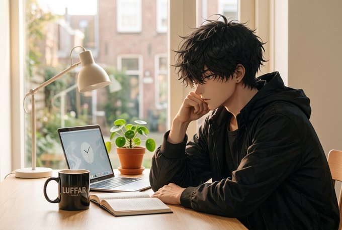 The image features a man sitting at a desk with an open book, laptop computer, and coffee mug nearby. The scene suggests that he might be working or studying from home due to the pandemic situation. The focus of the image seems to be on his concentration and engagement in reading or using the laptop for work or study purposes.