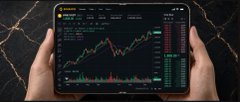 The image shows a tablet displaying a financial trading app with a candlestick chart on a marble surface, featuring visible ticker symbols and price data that align with the post's reference to a "1 888" price target as a predicted future market milestone.