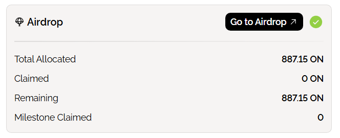 An 'Airdrop' panel displays 'Total Allocated' as 887.15 ON, with 'Claimed' at 0 ON and 'Remaining' at 887.15 ON, alongside a 'Go to Airdrop' button.