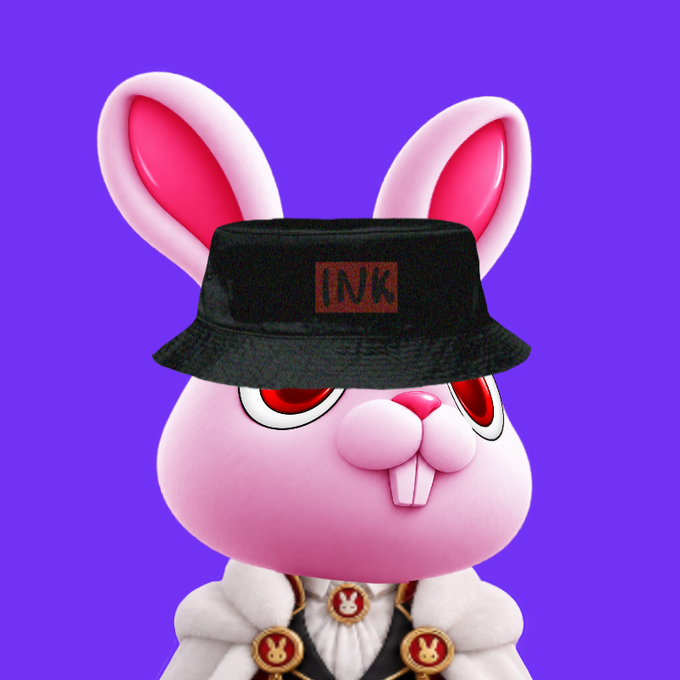 A 3D-rendered pink rabbit character with red eyes and buck teeth, wearing a black bucket hat labeled 'INK' and an ornate outfit with rabbit emblems, set against a purple background.