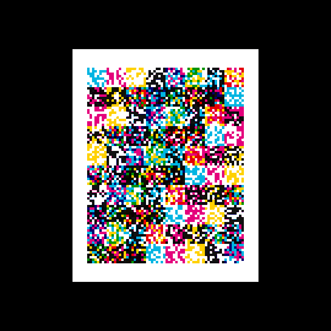 An abstract digital artwork composed of a chaotic, colorful pixelated mosaic of black, cyan, magenta, yellow, and white squares centered on a white background within a black frame.