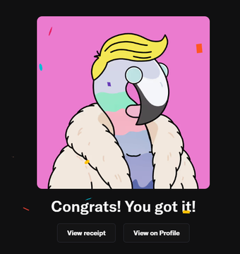 A digital card featuring an illustrated character with blonde hair and a fur coat on a pink background, with text reading 'Congrats! You got it!' and buttons for 'View receipt' and 'View on Profile'.