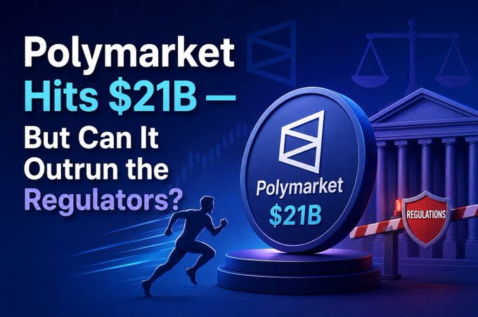 A graphic titled 'Polymarket Hits $21B – But Can It Outrun the Regulators?' featuring a runner figure, a large $21B coin, and imagery of a courthouse with scales of justice.