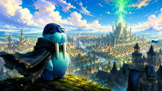 A stylized illustration of a blue walrus wearing sunglasses and a black cape overlooking a sprawling fantasy city with a glowing green magical spire in the distance.