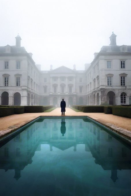 A lone figure in a dark coat stands on a path beside a long rectangular reflecting pool, facing a grand white neoclassical building enveloped in misty fog.