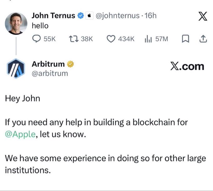 A X/Twitter exchange where John Ternus posted 'hello' and Arbitrum responded offering help with building a blockchain for Apple.