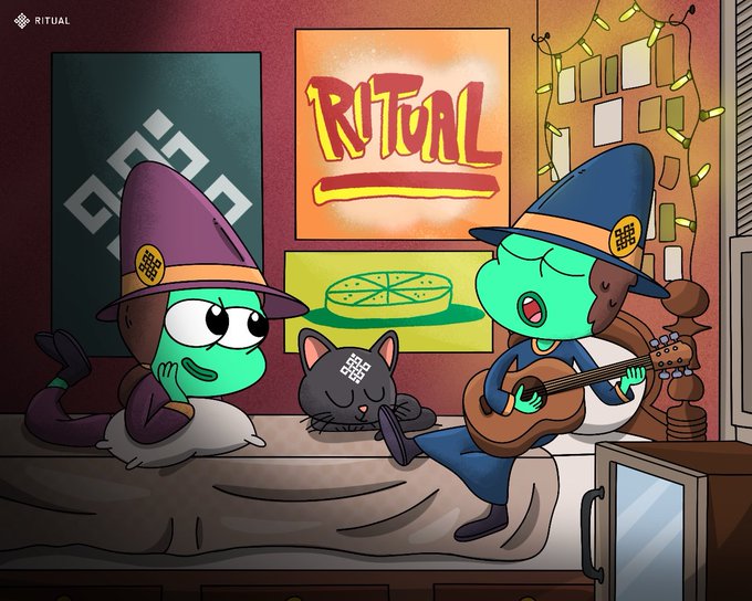 An animated scene featuring two green-skinned characters in wizard hats sitting on a bed with a sleeping black cat, set in a room with a 'RITUAL' poster and string lights, with the 'RITUAL' logo in the corner.
