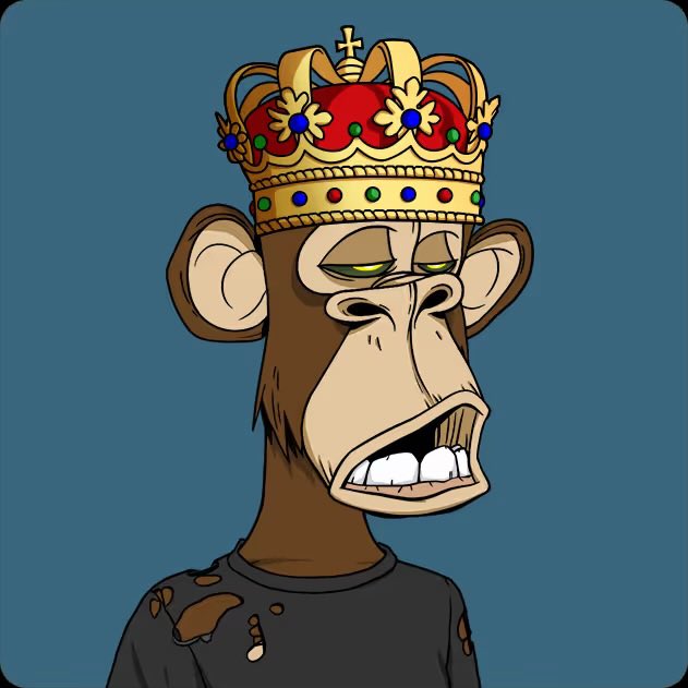 A digital illustration of a Bored Ape-style NFT monkey wearing a royal crown with jewels and a black shirt, against a teal background.
