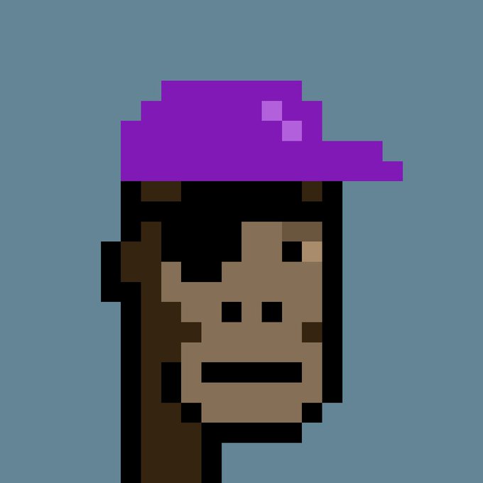 Pixel art of a character with dark skin wearing a purple hat against a teal background.