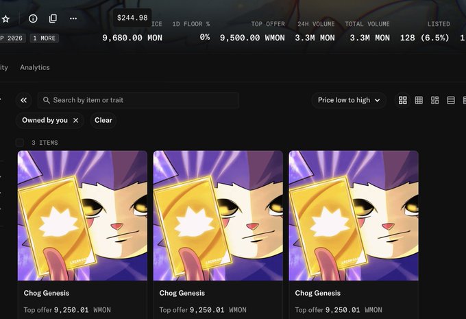 An NFT marketplace screenshot showing three 'Chog Genesis' items owned by the user, each with a top offer of 9,250.01 WMON, with total volume of 3.3M MON and floor price of 9,500.00 WMON.