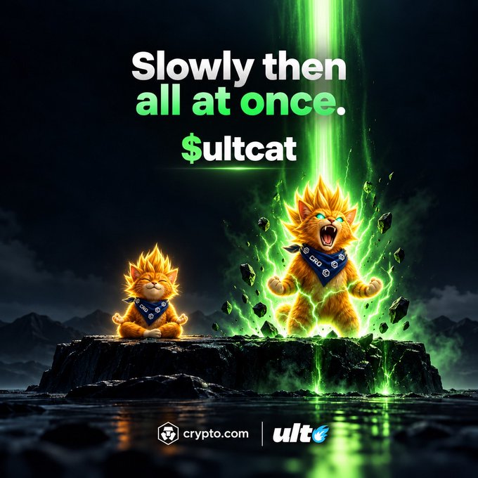 A promotional graphic for crypto.com's $ultcat token featuring two orange cats in meditation and power poses with green energy auras, captioned 'Slowly then all at once. $ultcat' and displaying the crypto.com logo.