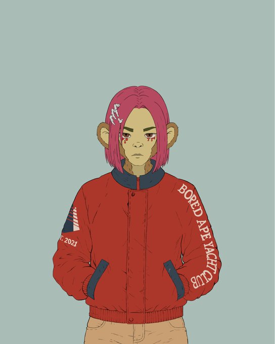 An anime-style illustration of a character with pink hair and an angry expression wearing a red 'BORED APE YACHT CLUB' bomber jacket, set against a muted blue background.