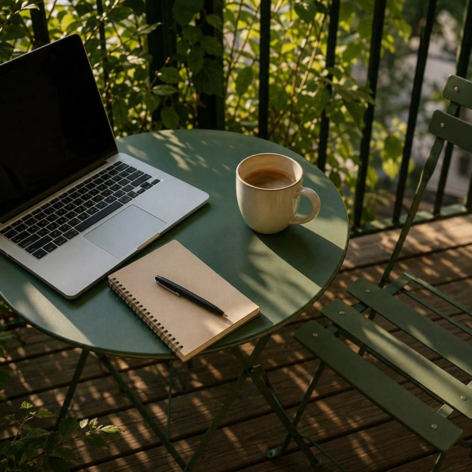 A small green metal table on a balcony holds an open laptop, a beige notebook with a black pen, and a cup of coffee, bathed in warm sunlight filtering through leafy plants and railings. The serene workspace scene complements the post's reflection on TRC20-USDT's steady, long-term growth, symbolizing the quiet, sustained progress behind the stablecoin's expanding real-world adoption.