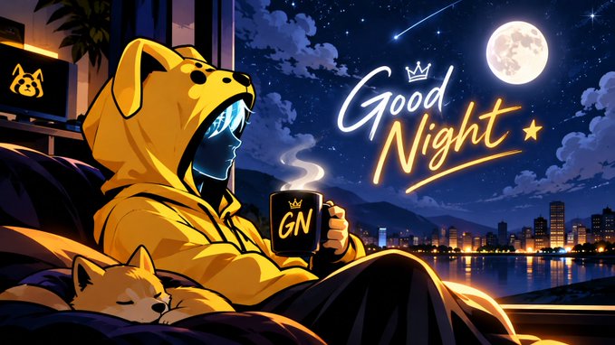 An anime-style illustration showing a character in a yellow Shiba Inu hoodie holding a steaming mug that says 'GN', with a sleeping dog nearby, set against a nighttime city skyline with a full moon and the text 'Good Night'.