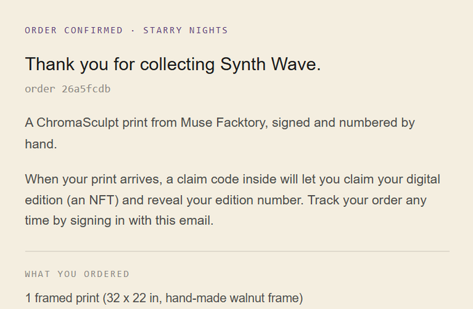 Order confirmation from Starry Nights for a "Synth Wave" ChromaSculpt print by Muse FacKtory, order #26a5fcdb, featuring a hand-made walnut framed 32x22 inch print.