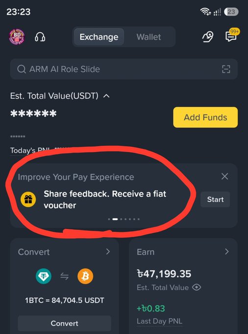 A screenshot of a crypto exchange app interface showing a red-circled banner that reads 'Share feedback. Receive a fiat voucher,' with BTC to USDT conversion rates and account balances visible.