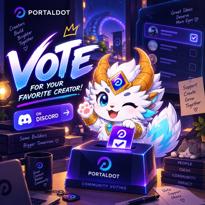 Colorful promotional graphic for PORTALDOT encouraging users to 'VOTE FOR YOUR FAVORITE CREATOR!' on Discord, featuring a cute horned mascot dropping a ballot into a box, surrounded by handwritten notes like 'Creators Build Brighter Together.'