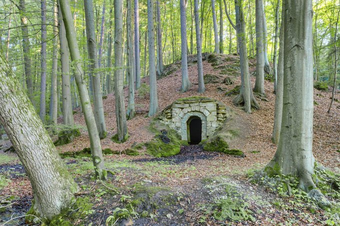 A stone archway entrance, resembling a fairy-tale troll's lair or dwarven tunnel, is nestled into a mossy hillside within a dense beech forest. The whimsical scene pairs perfectly with the post's playful invitation to "slay the dragon," transforming an ordinary woodland walk into a fantasy quest.