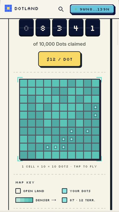Dotland mobile app screen showing coordinate 08341 with 10,000 Dots claimed, pricing at $12/DOT, a 10x10 grid map with tapped cells, and a MAP KEY legend.