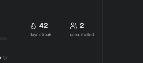 Screenshot showing a 42-day streak and 2 users invited on a fitness tracking app with a dark background.