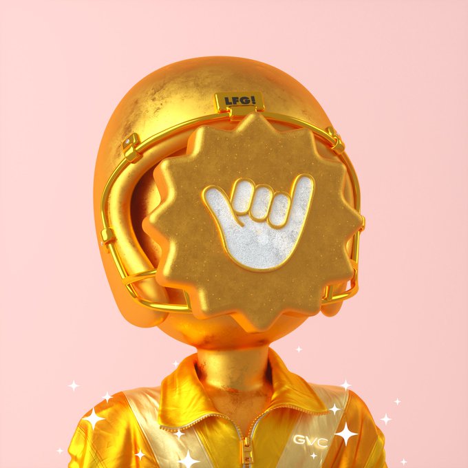 A 3D rendered character wearing a golden helmet with a 'LFGI' label and a large gear-shaped visor featuring a shaka/hang loose hand sign, dressed in a gold tracksuit with 'GVC' on it, against a pink background.
