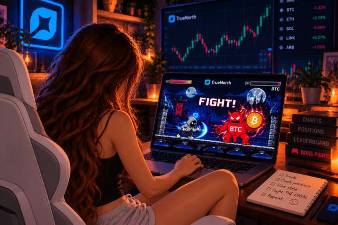 Stylized scene of a woman gaming at a laptop playing a 'FIGHT!' crypto battle game featuring BTC characters on a TrueNorth platform, with crypto price charts (BTC, ETH, SOL, LINK, ARB) displayed on a monitor.