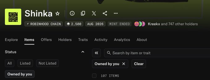 A webpage for "Shinka" NFT collection on Robinhood Chain showing 2,500 items, mint ended in August 2026, with 107 items owned by the user.