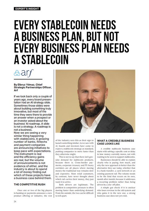 An article titled 'Every Stablecoin Needs a Business Plan, But Not Every Business Plan Needs a Stablecoin' by Elbruz Yılmaz, Chief Strategic Partnership Officer at ARF, featuring his photo.
