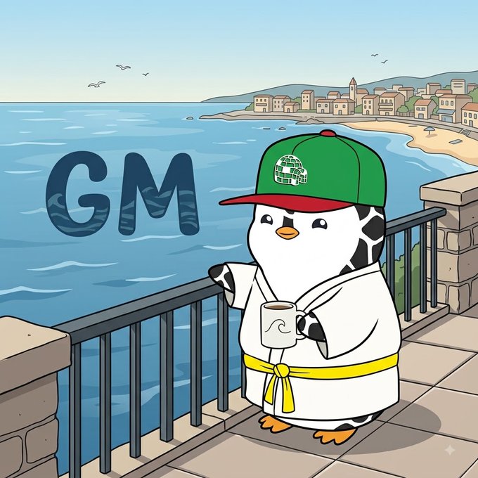 A cartoon illustration of a penguin character wearing a green cap and white robe, holding a coffee mug on a balcony overlooking the ocean, with 'GM' displayed in large blue letters.