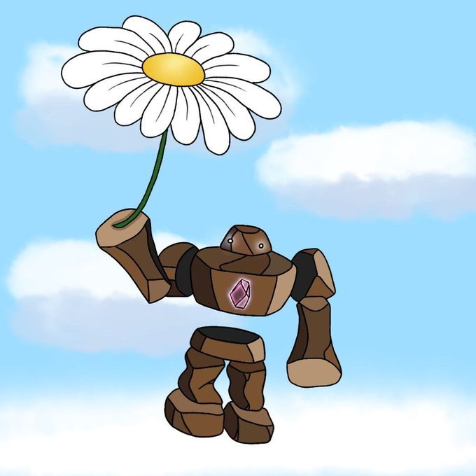 A digital illustration of a brown, golem-like creature with a purple gem on its chest, holding up a large white daisy against a cloudy blue sky.
