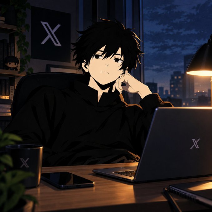 An anime-style illustration of a dark-haired young man sitting at a desk with a laptop at night, featuring a prominent 'X' logo on a poster, the laptop, and a nearby mug.