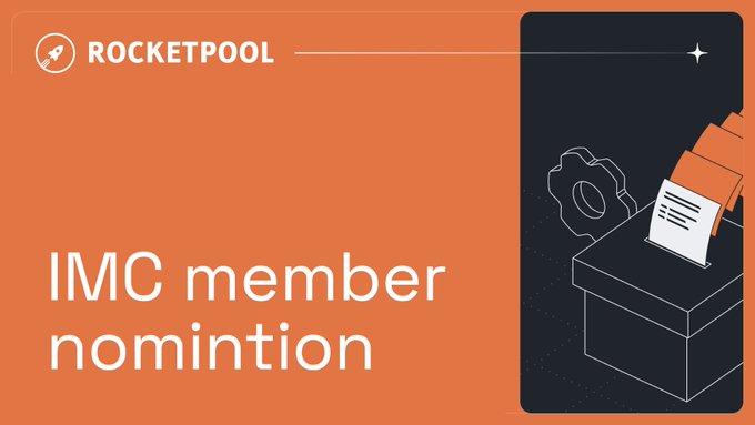 An orange graphic for 'Rocketpool' featuring the text 'IMC member nomination' alongside an illustration of a ballot box receiving a vote.