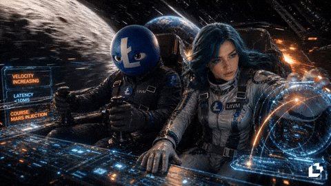 The image features a man and woman dressed as characters from a video game, with the man wearing a blue helmet and the woman wearing a gray suit. They are both sitting inside a spaceship or vehicle that has a computer screen behind them displaying a message about "Litecoin". The background of the image is dark, which contrasts with the bright colors of their outfits and the computer screen.