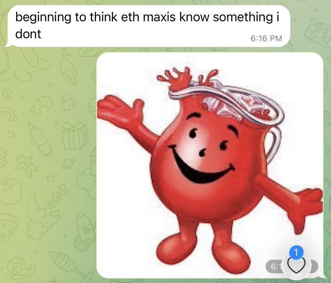 A social media post features a text bubble reading 'beginning to think eth maxis know something i dont' above an image of a smiling red Kool-Aid Man character with its top open.