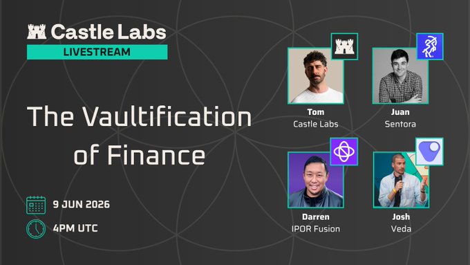 The image features a poster for an event called "The Vaultification of Finance" that was held at Castle Labs Live Stream on June 9, 2016. The poster includes six photos featuring different people from various companies such as Castle Labs, @ipor_io, and @SentoraHQ. The text on the poster highlights the theme of vaultification in finance and mentions a few notable speakers like @DanielleLampert, @DavidDawson, and @JakeSanchez.