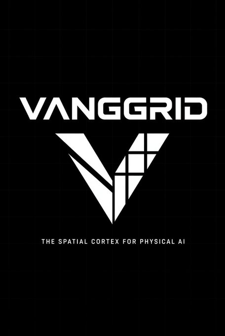 A black logo screen for "VANGGRID" with a stylized V symbol incorporating a grid pattern, accompanied by the tagline "THE SPATIAL CORTEX FOR PHYSICAL AI".